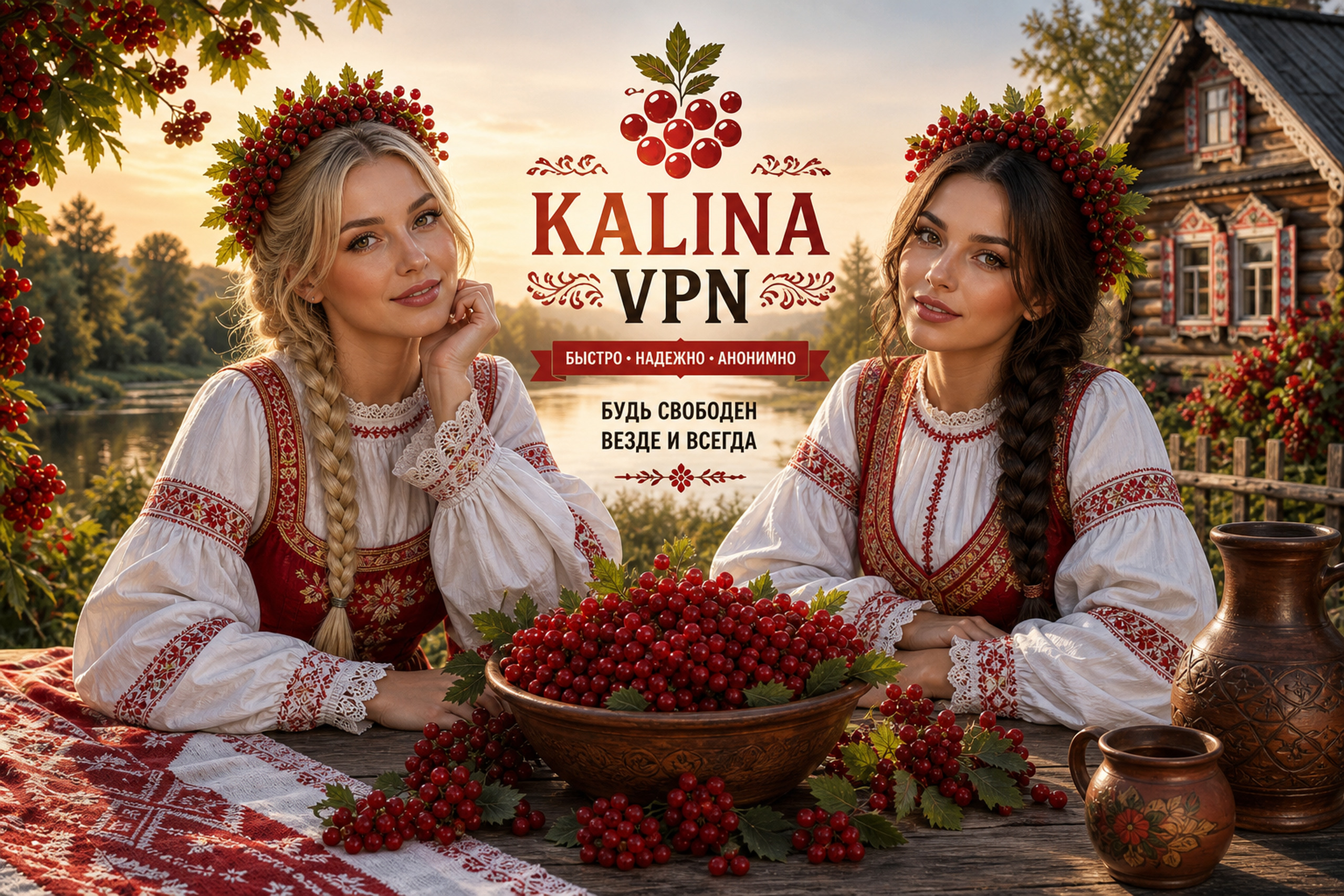 Kalina VPN — две сестры, светлая и тёмная коса, ягоды калины